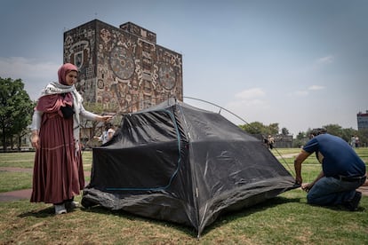 Nora arma una tienda de campaña en el campamento propalestina frente a la rectoría.