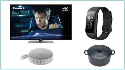 De izquierda a derecha: televisor Panasonic TX-65GX565, pulsera de actividad Xiaomi Amzfit Band 2 y, debajo, altavoz inalámbrico Vieta Pro Round Up y Cocotte Le Creuset Evolution.