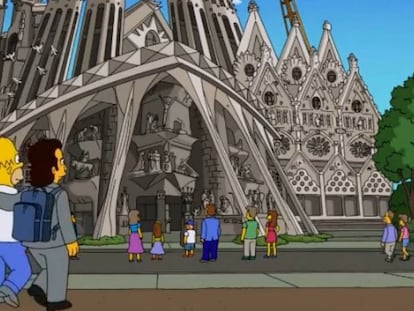 Homer Simpson i Eduardo Barcelona a la Sagrada Família.