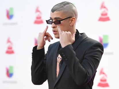 Bad Bunny, el tercer artista masculino más escuchado en España, en los Grammy Latinos de 2018 celebrados en Las Vegas.