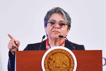 Raquel Buenrostro presenta la nueva Secretaría Anticorrupción y de Buen Gobierno en la mañanera de este jueves, en Palacio Nacional.