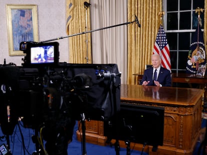 Joe Biden, durante su discurso este jueves en el Despacho Oval.
