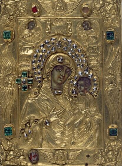 Icono de Nuestra Señora de Iveron, Moscú, Rusia, 1690-1700. Retablo en madera, oro y plata con incrustaciones de diamantes, esmeraldas y rubíes.