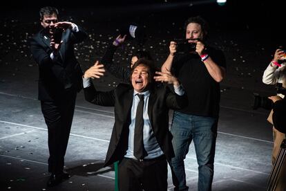 Javier Milei rallies supporters at his campaign closing event.