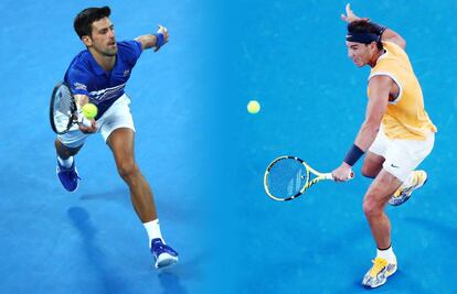 Djokovic y Nadal, durante sus respectivos partidos de semifinales en Melbourne.