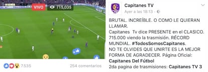 Publicação de um dos perfis na qual se exibe o momento de maior audiência, com mais de 715.000 pessoas conectadas.