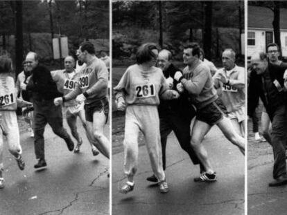 El director del marat&oacute;n intenta expulsar de la prueba a Katherine Switzer, a quien defiende su novio, durante la celebraci&oacute;n de la carrera en 1967.