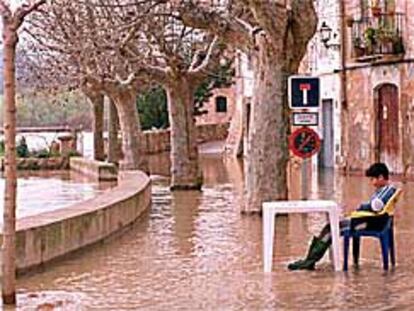 Un niño contempla la inundación provocada por el Ebro en la parte baja de Miravet.