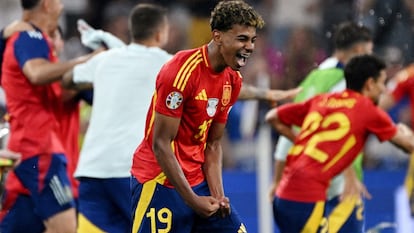 Lamine Yamal celebrates after the match against France at the Euro 2024 semifinals.