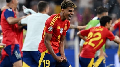 Lamine Yamal celebrates after the match against France at the Euro 2024 semifinals.