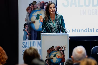 La reina Letizia, el pasado martes en Madrid, durante el acto institucional del Día Mundial de la Salud Mental, donde citó una canción de El Chojin.
