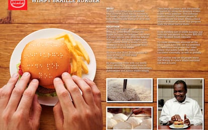 Imagen del anuncio ideado para dar a conocer que la cadena de hamburgueserías Wimpy ofrece en sus establecimientos menús escritos en braille.