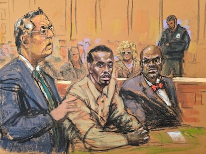 Un dibujo de la vista donde se a fijado el juicio por Sean Combs, con el acusado junto a sus abogados, Marc Agnifilo y Anthony Ricco, el 10 de octubre de 2024 en Nueva York.