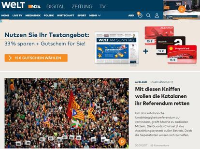El diario alemán 'Die Welt', bre su edición digital con Cataluña ."A pesar de las recientes contramedidas por parte de las autoridades del Estado español, el gobierno de Catalunya quiere cruzar el controvertido referéndum sobre la demolición de la región del país de la UE el domingo".