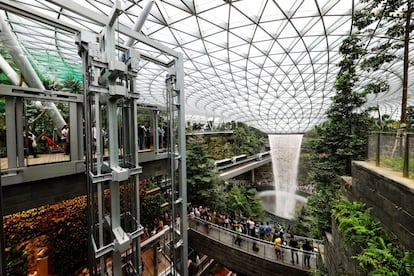 El Canopy Park, que ocupa los niveles más altos del edificio, incluye redes para caminar o balancearse por encima de las copas de los árboles. Por las 10 plantas de la nueva terminal del aeropuerto de Changi también se reparten los mostradores de facturación, un hotel de 130 habitaciones, un cine y 280 tiendas y restaurantes.