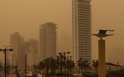 Edificios de la ciudad israelí de Netanya envueltos por el polvo derivado de la tormenta de arena que azota la región.
