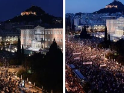 Protestos contra (à direta) e a favor da permanência da Grécia no euro, em Atenas, na segunda e na terça-feira, respectivamente.