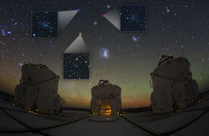 Seis de las nueve galaxias enanas descubiertas marcadas en el cielo de Paranal, en Chile, donde están los telescopios VLT del Observatorio Europeo Austral (ESO). Las otras tres galaxias están fuera del campo de visión.