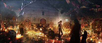 Arte conceptual del carnaval de los muertos con el que se abre la primera demo de 'Shadow of the tomb raider'.