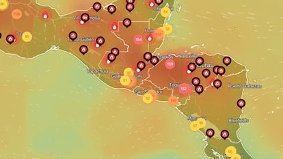 Mapa que muestra los incendios forestales activos en Honduras, el 8 de mayo de 2024.