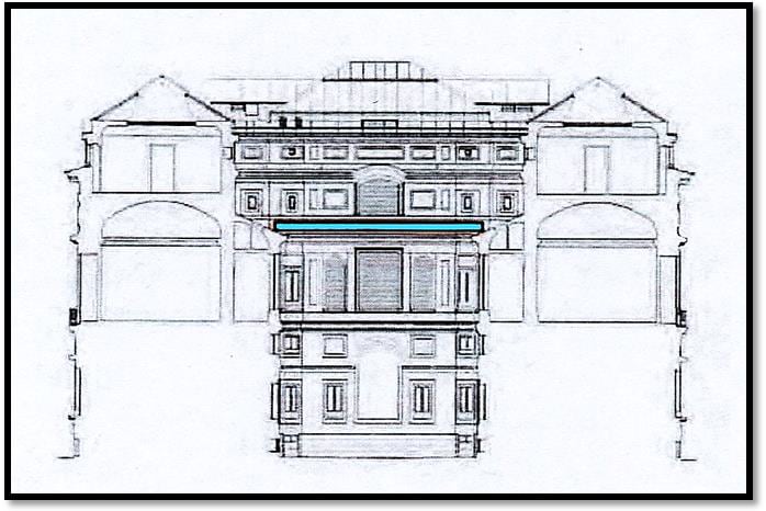 Sección este-oeste del patio de Murillo mirando hacia el norte, con el nivel previsto para la cubierta de vidrio señalado en color azul, según imagen aportada por el Museo del Prado