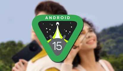 Logotipo de Android 15 con fondo de un dispositivo de TCL