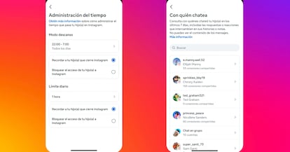 Ejemplos de pantallas donde los padres podrán controlar el tiempo y con quién chatean sus hijos.