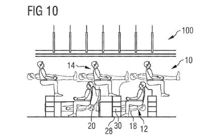 La patente introduce múltiples variantes. En esta, los pasajeros de la fila superior irían sentados en sentido contrario a sus compañeros de viaje de abajo.