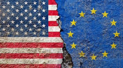 American and European Union Flag on Cracked Surface: US-EU Relations: Tensions, Transatlantic Ties, Trade, and Geopolitics Crisis
