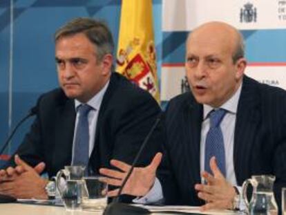 El ministro de Educación, Cultura y Deporte, José Ignacio Wert (d), junto al presidente de la Liga de Fútbol Profesional, José Luis Astiazarán. EFE/Archivo