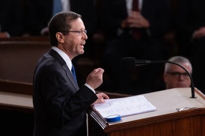 President of Israel Isaac Herzog delivers an address before a joint meeting of the US Congress on the floor of the House of Representatives in Washington, DC, USA, 19 July 2023.