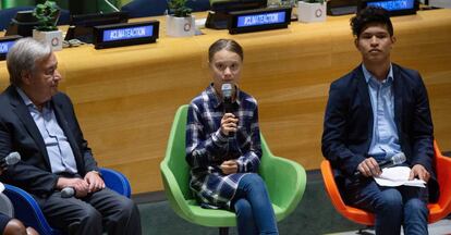 Rodríguez junto a Greta Thunberg y Antonio Guterres en la ONU.