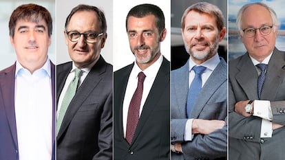 Desde la izquierda, Carlos Aso, consejero delegado de Andbank; Xavier Cornella, consejero ejecutivo de Creand; Antoni Pintat presidente de Creand; Lluis Alsina, consejero director general de MoraBanc, y Juan María Nin, presidente, de MoraBanc.