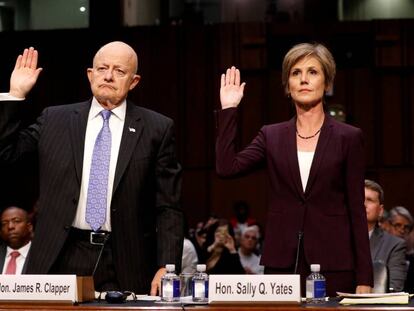 O ex-diretor James Clapper e a ex-secretária Sally Yates antes de depor.