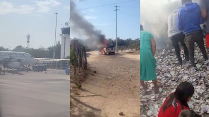 Capturas de videos publicados en redes sociales del secuestro de un vehículo blindado de valores en el aeropuerto de Riohacha, en La Guajira, Colombia. El 9 de abril de 2025.