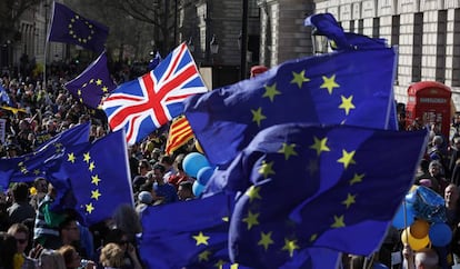 A Union Jack among EU flags at an anti-Brexit march in London.