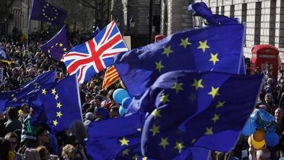 A Union Jack among EU flags at an anti-Brexit march in London.