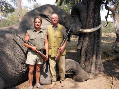 King Juan Carlos poses with another hunter in front of a dead elephant in Botswana in 2006. The image is taken from the rannsafaris.com website.  