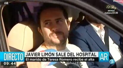 Javier Limón is driven home by his lawyer after leaving Carlos III hospital.