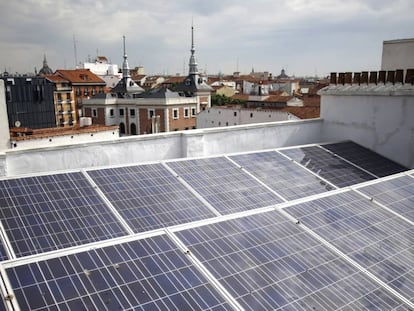 Solar panels on top of a Madrid building.