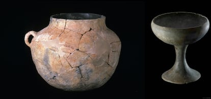 On the left, pottery from a settlement on the border of the Argaric territory. On the right, a cup from the peak period of El Argar's expansion. This cup is made from natural clay sourced from metamorphic rocks, which made it less ductile but significantly more resistant.