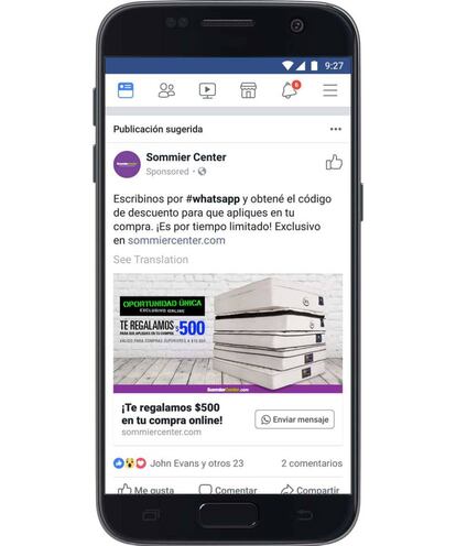 El nuevo botón de Whatsapp se integra en los anuncios de Facebook