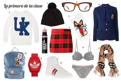 1. Fendi Gorro de lana con borla. 2. Oliver Peoples Gafas de ver con montura de pasta. 3. Ralph Lauren Blazer con bordados y botones dorados. 4. Bershka Sudadera con las letras “UK”. 5. Dsquared2 Funda para iPhone 5 con print de gato. 6. bareMinerals Bálsamo labial “Jack of All Trades”. 7. Alice + Olivia Mini con print de cuadros. 8. Oysho Conjunto de lencería con print de lunares. 9. Burberry Bufanda con print de cuadros. 10. Pull & Bear Mochila vaquera con parches. 11. adidas Reloj con logo en la esfera. 12. Saint Laurent Zapatilla de deporte de bota con rayas.