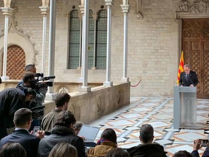 El presidente de la Generalitat, Quim Torra, pronuncia una declaración institucional en el Palau de la Generalitat el 29 de enero de 2020