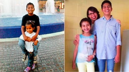 A la izquierda, los hijos de Delmi cuando ella se fue de El Salvador. A la derecha, cuando se reencontró con ellos cinco años después. 