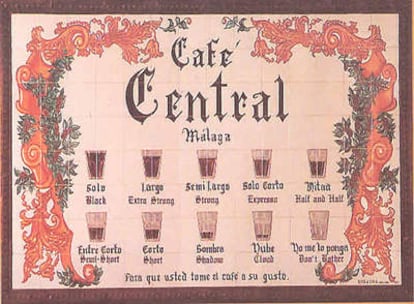 Cartel del Café Central de Málaga con los tipos de café en función de la cantidad de leche que lleven