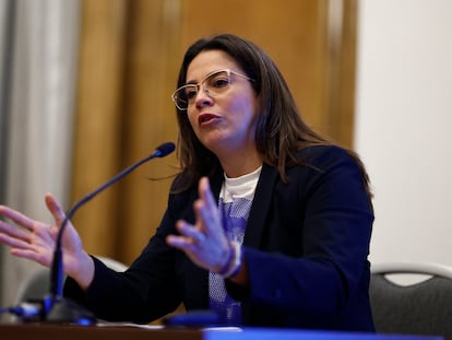 Berta Valle, esposa del opositor nicaragüense encarcelado Félix Maradiaga, en el acto en apoyo de los presos políticos nicaragüenses de este jueves en Madrid.