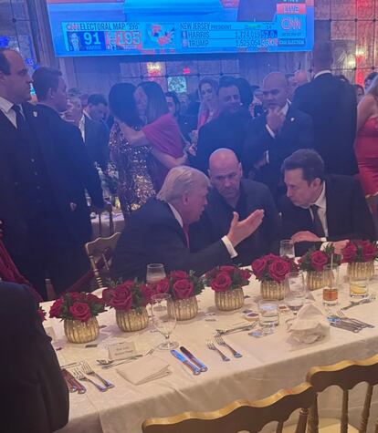 Photograph taken from Elon Musk's X account in which Trump is seen talking to the billionaire (right) and Dana White (center).