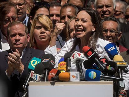 La líder opositora venezolana María Corina Machado, durante un acto público.