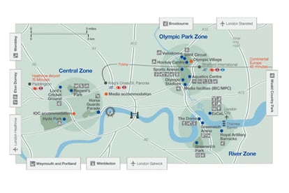 El proyecto olímpico de Londres se basa en tres núcleos principales de competición: el Parque Olímpico, el Central y el del Támesis. La Villa Olímpica está bien situada en el Parque (con 13 deportes y el estadio). Londres propone 33 lugares de competición, 15 ya existentes. En la foto, plano de la villa olímpica.